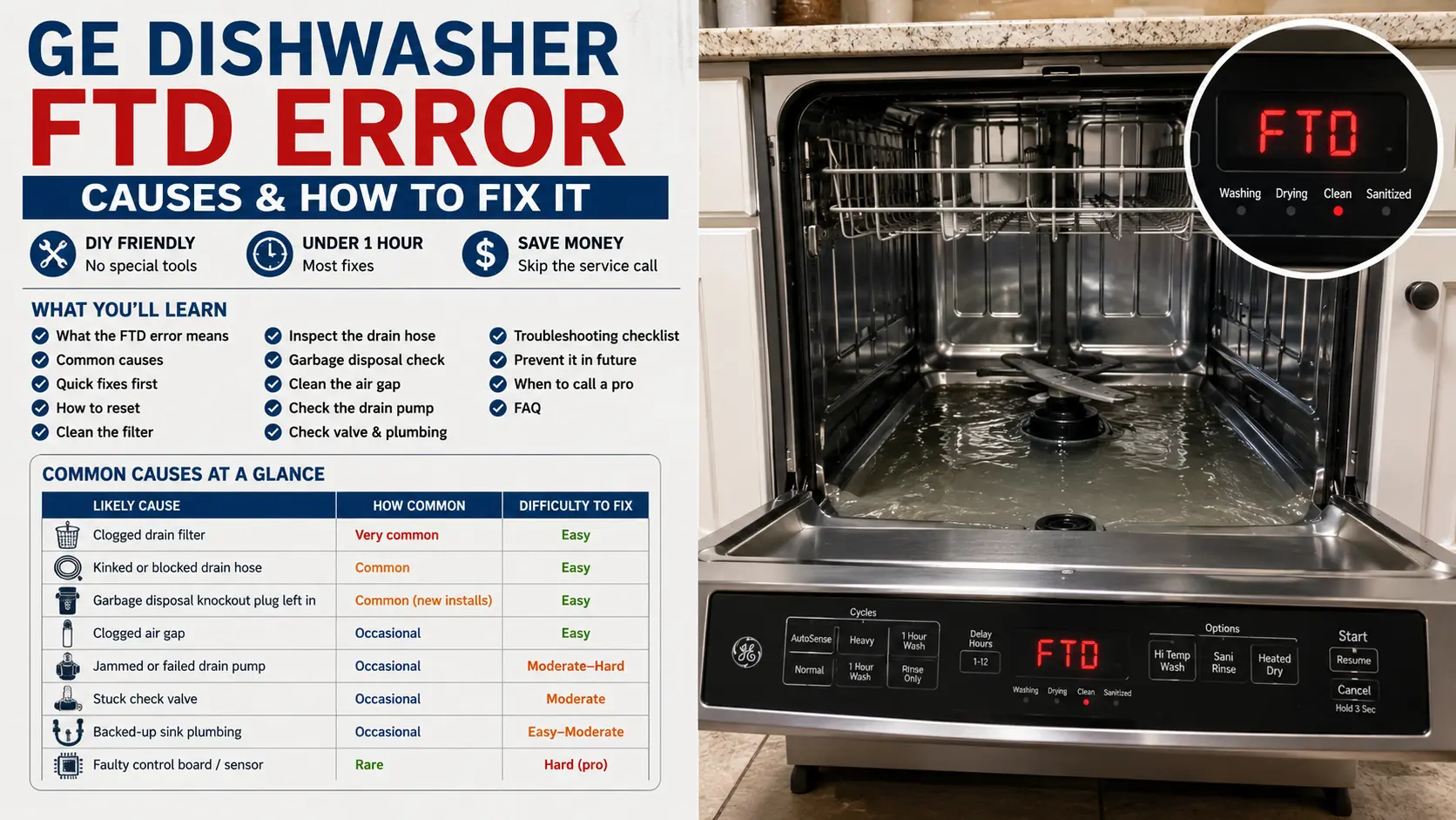 The GE dishwasher FTD error means it won't drain. Follow this simple step-by-step guide to find the clog, clear it, and get your dishwasher working again.