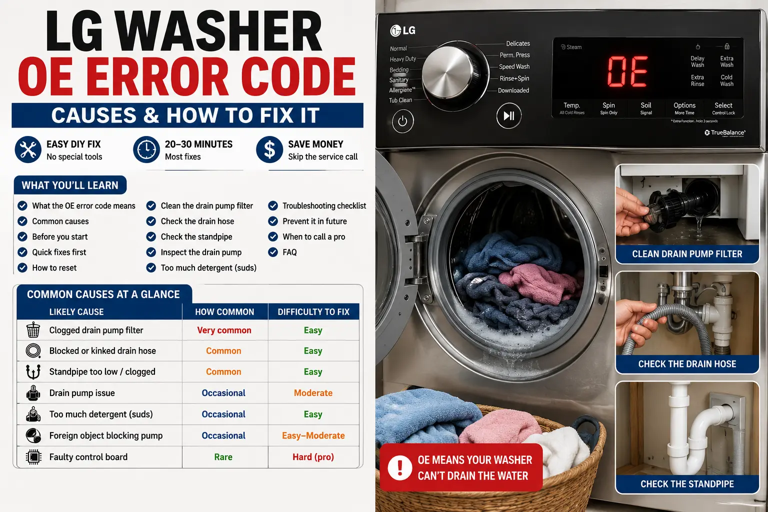 Seeing the LG washer OE error code? It means your washer won't drain. Follow this simple step-by-step guide to find the clog, clear it, and fix the OE error.
