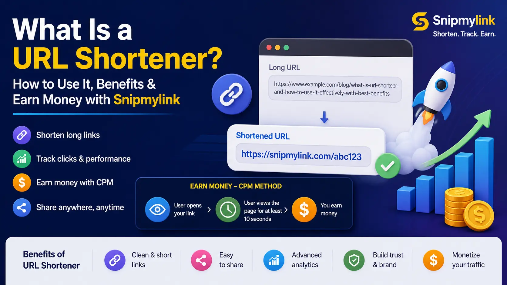 Learn what a URL shortener is, how to use it, its benefits, and how Snipmylink helps you shorten links and earn money using the CPM method.